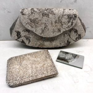 Vintage Beaded Clutch Purse silver and clear beading, ivory silk